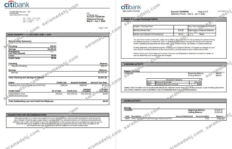 USA Citibank bank statement, Word and PDF template, 6 pages